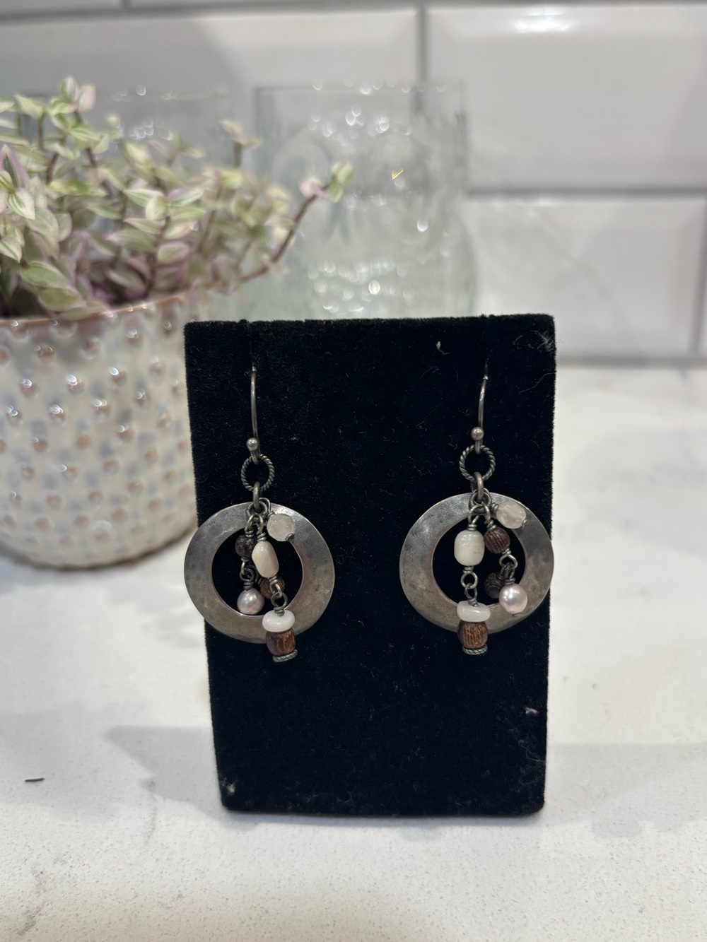 Silpada Sterling Silver Rose Quartz Pearl Earrings Hammered Silver W1429